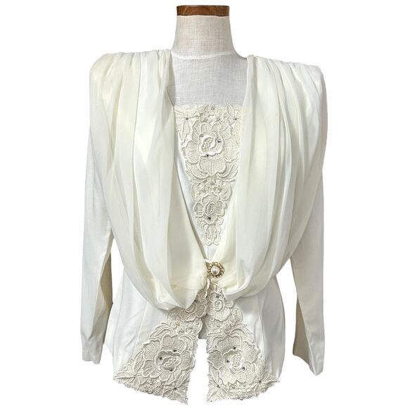 Vintage 80s Zeeba NY Lace Embroidered Formal Jacket Structured Shoulders Size 6 - Picture 1 of 16